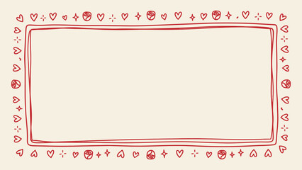Hand-drawn red frame with hearts, roses, and stars on a beige background. Perfect for romantic greeting cards and Valentine's Day messages © Sahabat