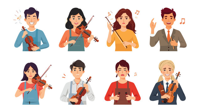 Musical Performance: A collection of violinists, each embodying a unique emotion and playing style. Illustrated to celebrate the art of music.