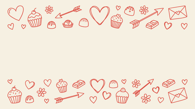Valentine's Day doodle border with hearts, cupcakes, and arrows. Ideal for romantic greeting cards, social media banners, and wedding invitations
