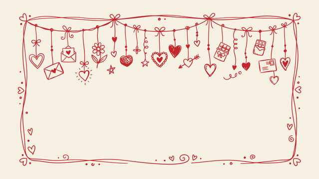 Hand drawn red doodle frame with hanging hearts envelopes and flowers. Ideal for Valentine's Day cards romantic invitations and love themed messages