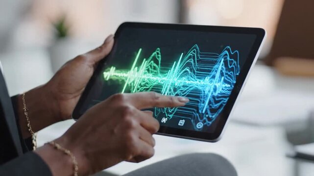 Voice recognition technology on tablet with hand gesture interaction featuring digital sound wave visualization, AI interface, modern communication device, and advanced digital technology interface