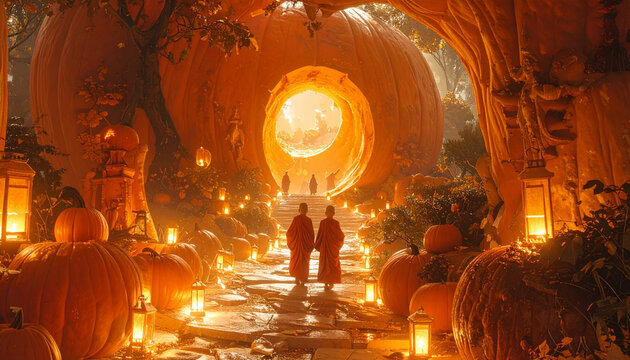 Enchanting pumpkin pathway scene with figures illuminated by warm glow