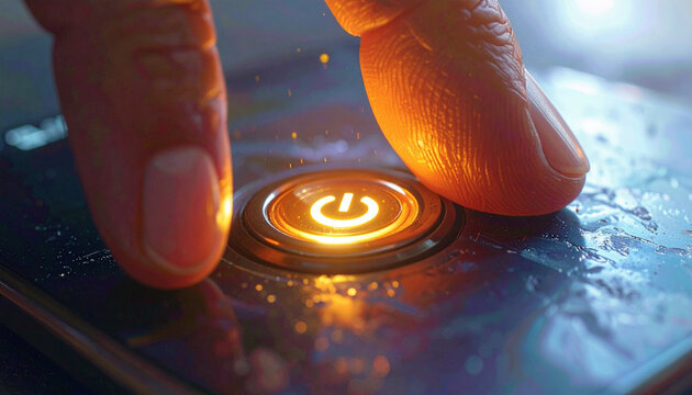 Finger pressing illuminated power button on electronic device close up