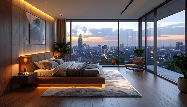 Modern bedroom with city view at dusk