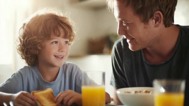 Father and son share breakfast and smiles in a cozy kitchen setting during morning hours