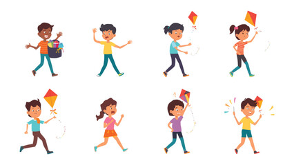 Fototapeta premium Kite-Flying Children's Delight: A group of children joyfully running, holding, and playing with their kites, capturing the simple pleasures of childhood.