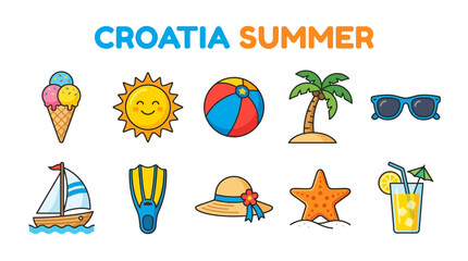 Croatia Summer Vacation Icons Set. © zyaa