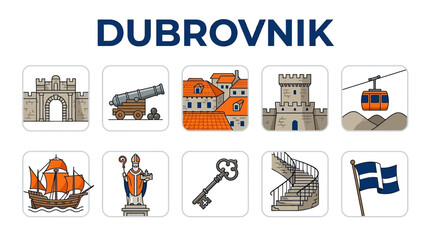 Collection of Dubrovnik Icons Representing Citys Rich History and Landmarks. © zyaa