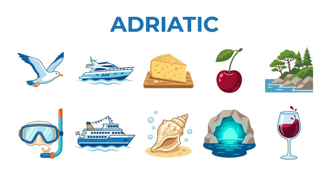 Collection of Adriatic Icons and Symbols Representing Travel and Leisure.