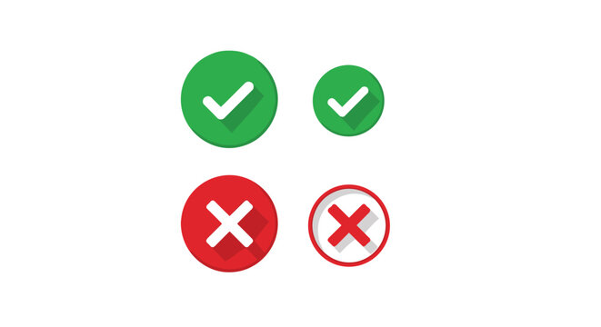 Set of green checkmark and red cross icons in various styles representing positive and negative results or approval and rejection.