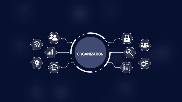 Centralized concept of organization illustrated with interconnected white representing teamwork growth security global connection on Black Background and features 4k Animation video