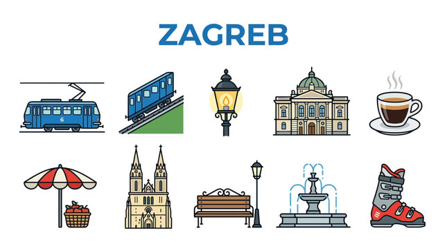 Zagreb City Icons Collection Featuring Landmarks and Transportation.