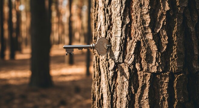 Vintage key inserted into tree trunk in forest with blurred background