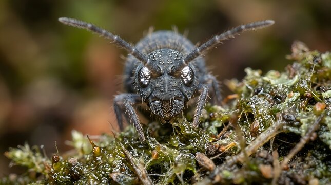 Extreme Macro Portrait of a Small Hairy Insect on Moss