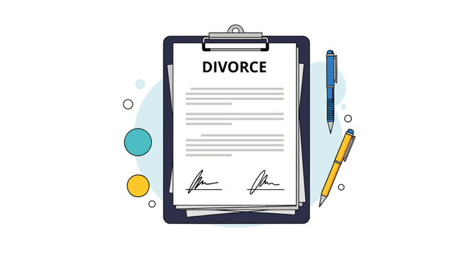 Legal divorce papers on a clipboard with signatures and pens symbolizing the end of a marital agreement or partnership.