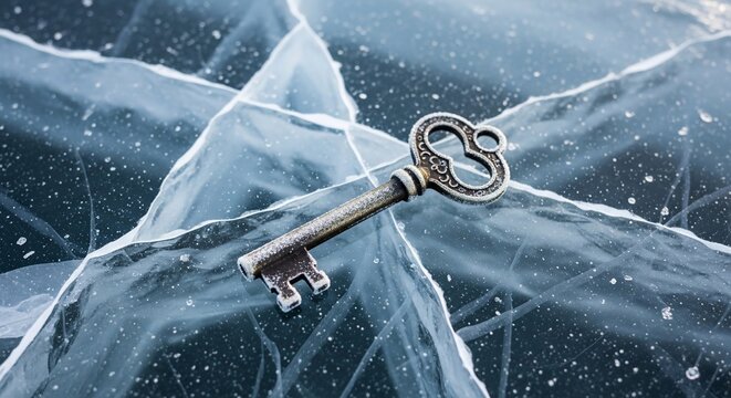 Vintage key on cracked ice surface with reflections and unique textures
