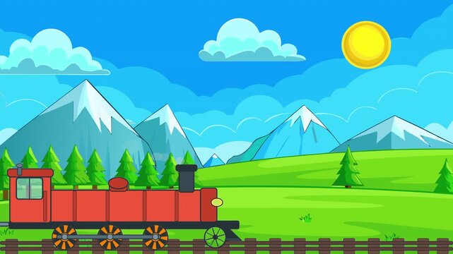 Red steam locomotive pulling blue passenger carriage travels on railway tracks through green landscape with pine trees and snow-capped mountains under sunny blue sky with clouds.
