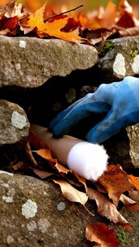 A person in blue gloves places a tick control tube into a stone wall crevice covered with autumn leaves. This shows proactive pest prevention in a garden. Ideal for home maintenance content.