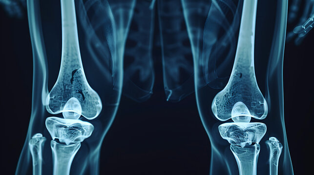 Leg bones appear clearly in this diagnostic radiograph of human joints.