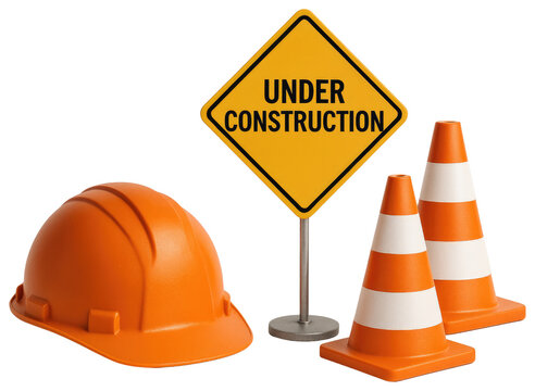 Orange hard hat safety helmet next to traffic cones and an under construction sign on a white background