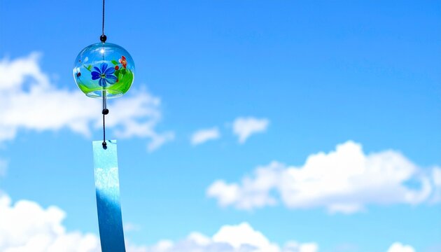真夏の青空を背景にしたガラスの和風鈴のイメージ画像
