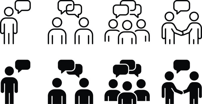 Communication and teamwork icon set showing people talking and shaking hands symbols