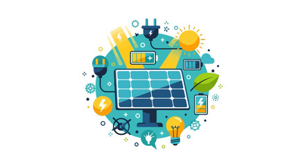 Naklejka premium Solar Energy Concept Vector Illustration with Solar Panels, Battery Storage, Sun, and Sustainable Power Icons