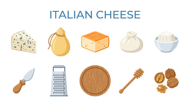Collection of Italian Cheeses and Accessories for Culinary Presentation.