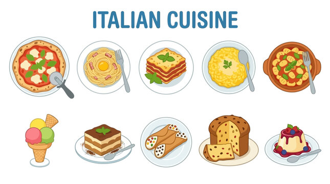 Collection of Delicious Italian Cuisine Dishes and Desserts.