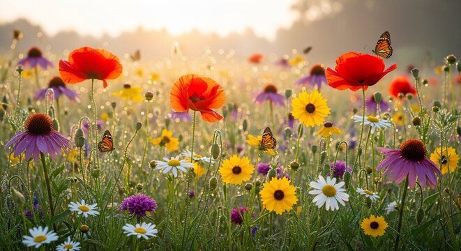 Field of colorful flowers butterflies sunlight