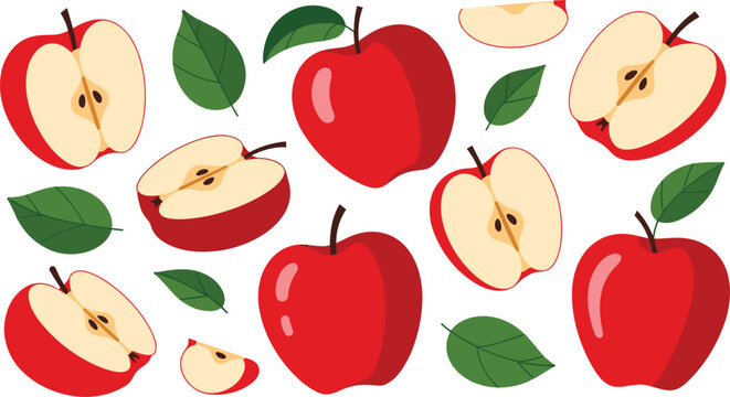 Fresh red apple vector set with whole and sliced fruits, green leaves, flat style illustration for healthy food, organic farming and nutrition design