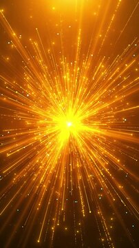 Explosive gold ray motion backdrop intense central flash, long streaks, dotted trails, warm cinematic depth. logo stingers, event openers, victory scenes, festive edits, transition high energy loops.