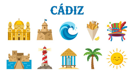 Collection of Cadiz City Icons and Symbols for Travel and Tourism. © zyaa