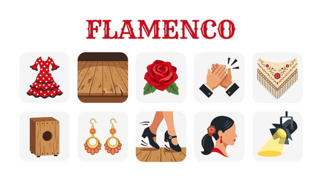 Flamenco Dance Icons Set: Dress Rose Cajon Earrings and More.
