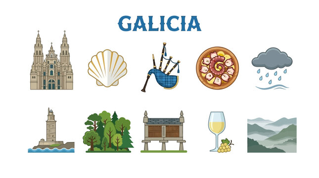 Collection of Icons Representing Galicias Culture and Landmarks.