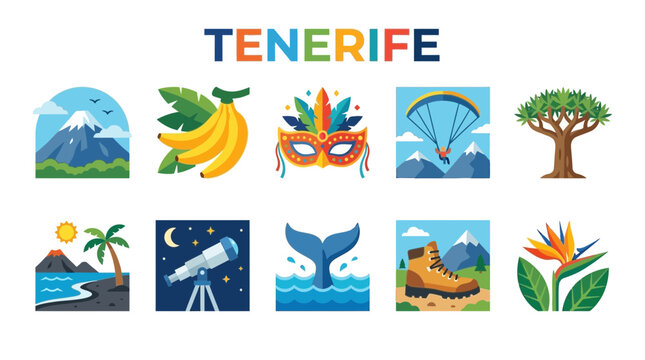 Tenerife Travel Icons: Volcano Bananas Carnival Paragliding Dragon Tree Beach Telescope Whale Tail Hiking Boot Bird of Paradise.