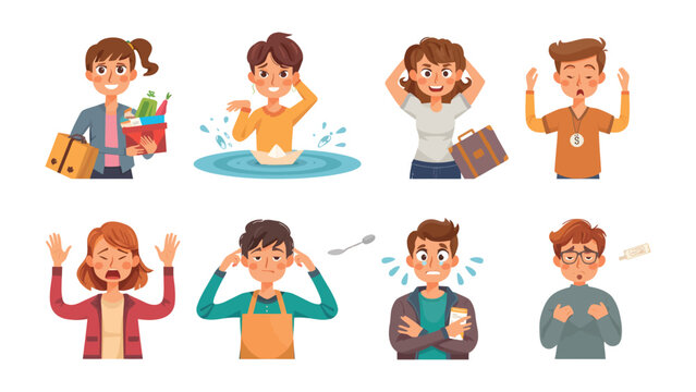 Human emotions collection: A captivating illustration that paints the spectrum of human emotions. A set of characters that shows emotions of stress, distress, happiness and confusion
