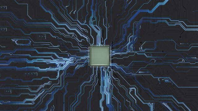 Circuit board processor technology background central microchip, blue electric paths, hardware surface, connected traces. computing , AI explainers, electronics promos, software intros, tech overlays.