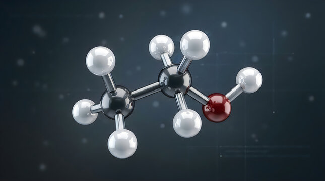 A digital three dimensional rendering of the ethanol molecule on dark background