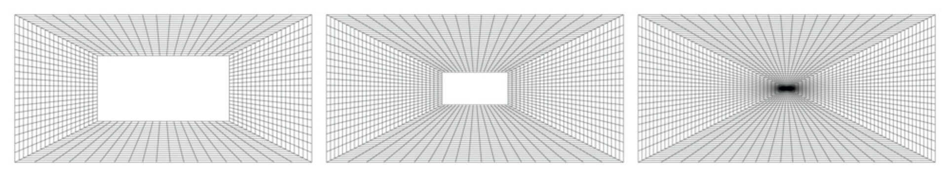 Minimalistic white wireframe room with strong perspective grid lines forming geometric tunnel illusion, clean architectural background with vanishing point depth and empty central space for design use