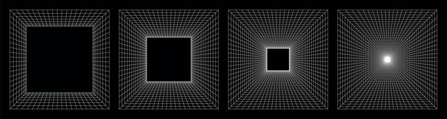 Abstract wireframe square tunnel with strong perspective depth, black background and white grid lines creating futuristic digital space, optical illusion of infinite corridor and geometric structure © SpainArts