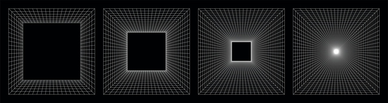 Abstract wireframe square tunnel with strong perspective depth, black background and white grid lines creating futuristic digital space, optical illusion of infinite corridor and geometric structure