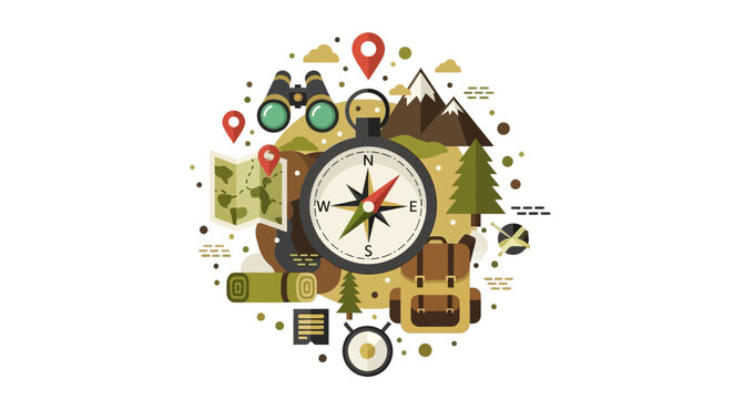 Flat Design Adventure and Travel Concept Illustration with Compass, Map, and Hiking Gear for Outdoor Exploration