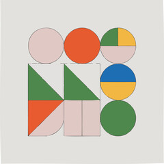 Fototapeta premium Bauhaus style geometric vector illustration, abstract composition of colorful circles and triangles, modern minimalist graphic design element