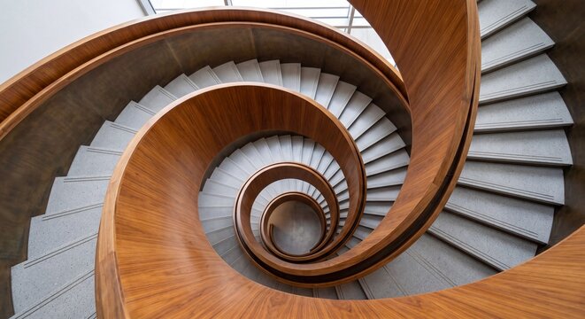 top down view of modern wooden and concrete spiral staircase