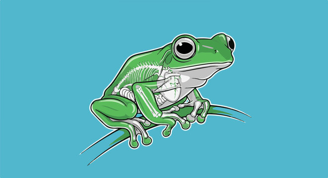 A detailed illustration of a green frog's skeleton and organs on a blue background
