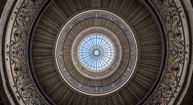 low angle view of ornate dome ceiling with glass skylight and architectural details