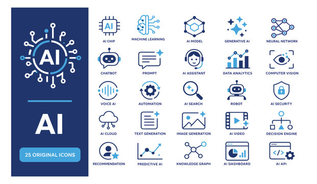 Ai technology icons and concepts with artificial intelligence machine learning icon set graphic design technology algorithm innovation computer automation intelligence illustration analysis
