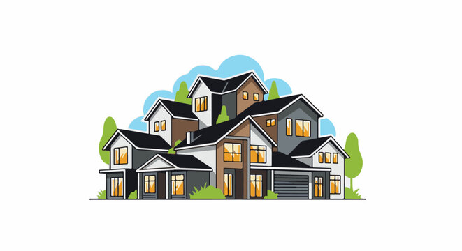 A cluster of modern houses with varied rooflines and windows