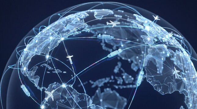 Digital globe with logistics shipping routes and transport icons on dark blue background.